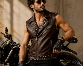Men's Brown Studded Leather Biker Vest, Punk Rock Motorcycle Vest, Genuine Leather Christmas Gift for Him, Vintage Biker Waistcoat