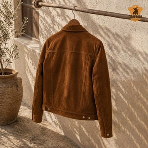 May include: A brown suede jacket with a classic collar and buttoned cuffs hangs on a wooden hanger. The jacket has a tailored fit and features two chest pockets and a button closure. The jacket is displayed against a textured wall.