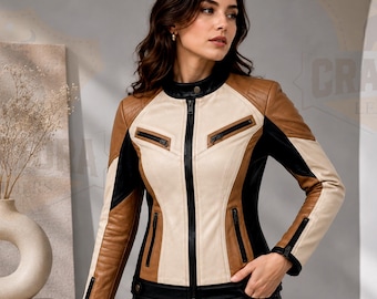 Women’s Tri Color Genuine Leather Biker Jacket, Color Block Moto Jacket, Camel Cream Black Motorcycle Jacket, Slim Fit Racing Jacket