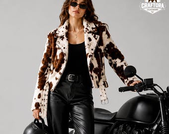 Cow Print Fur Jacket Women | Hairy Biker Jacket | Western Moto Jacket | Cowhide Style Coat
