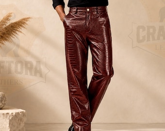 Men’s Crocodile Embossed Genuine Leather Pants, Brown Leather Trousers, Slim Fit Biker Pants, Western Motorcycle Trousers, Handmade