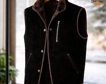 Svart herrväst i mocka – Vinterväst i läder, varm bikerjacka för män