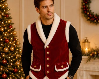 Men's Red Suede Santa Vest, Christmas Waistcoat with White Faux Fur Trim, Handmade Santa Costume, Holiday Party Outfit, Xmas Gift for Him