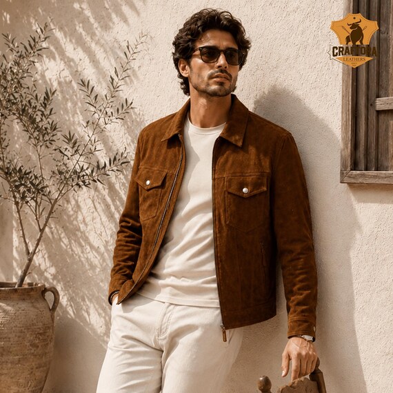 Mens Brown Suede Leather Jacket | Vintage Suede Leather Jacket for Men | Gift for Him
