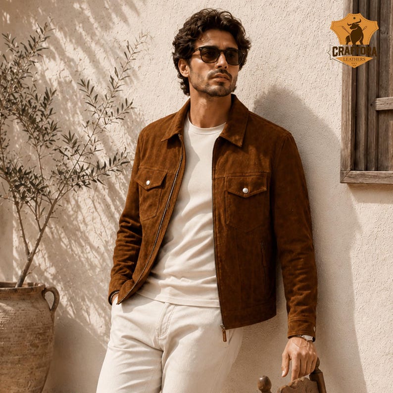 May include: A brown suede jacket with a zipper closure and two chest pockets. The jacket is worn over a cream-colored t-shirt and paired with light-colored pants. The image features the "Craftdia Leathers" logo.