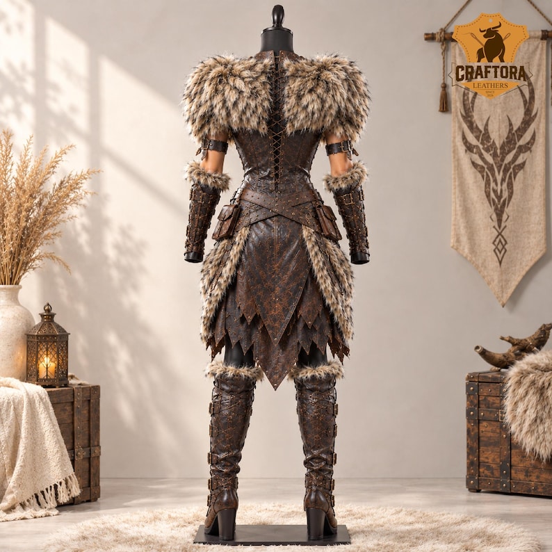 May include: A brown leather costume set featuring a bodice with back lacing, a layered skirt, fur-trimmed shoulder pauldrons, arm bracers, and knee-high buckled boots. The ensemble is decorated with dark brown leather textures and faux fur accents.