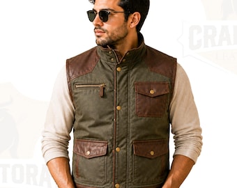 Men's Waxed Utility Vest, Leather Trim Vest for Men, Vintage Workwear Vest, Outdoor Waistcoat, Casual Western Vest