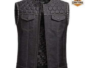 Chaleco de cuero negro para hombre – Chaleco de motociclista, chaqueta acolchada sin mangas de cuero genuino, estilo clásico de motociclista