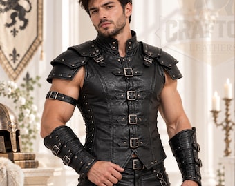 Men's Genuine Leather Armor Costume Set, Medieval Warrior Outfit, LARP Cosplay Armor, Fantasy Costume, Black Leather Warrior Suit