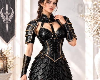 Black Leather Fantasy Armor Set, Dragon Scale Corset, Shoulder Armor, Gothic Warrior Costume, LARP Cosplay Outfit