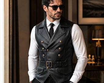 Mens Leather Victorian Vest, Steampunk Leather Vest, Gothic Waistcoat, Double Breasted Vest, Victorian Vest Men, Biker Vest