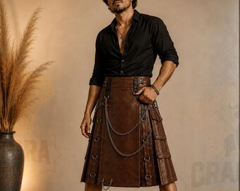 Brown Leather Utility Kilt for Men, Gothic Kilt with Cargo Pockets, Handmade Adjustable Strap Kilt