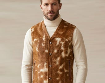 Chaleco de piel de vaca para hombre / Chaleco vaquero del oeste / Chaleco de piel marrón / Chaleco de piel unisex