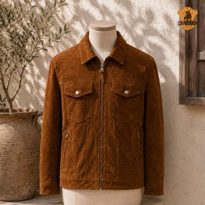 May include: A brown suede jacket with a collared neckline, two chest pockets with button closures, and two lower zip pockets. The jacket has a full-length zipper and is displayed on a mannequin. The jacket is a medium brown color.