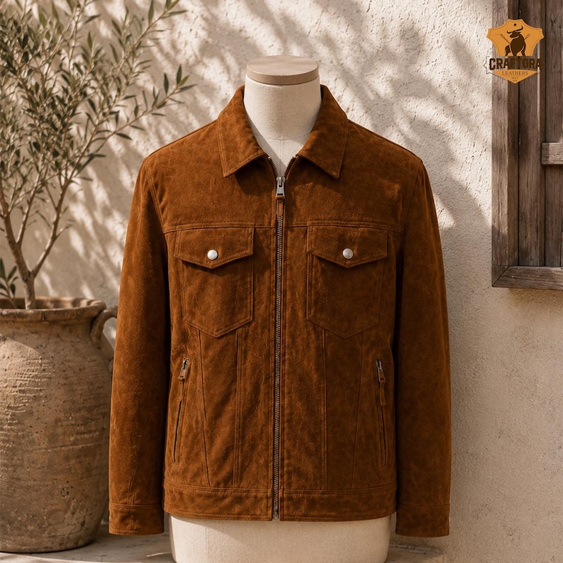 May include: A brown suede jacket with a collared neckline, two chest pockets with button closures, and two lower zip pockets. The jacket has a full-length zipper and is displayed on a mannequin. The jacket is a medium brown color.