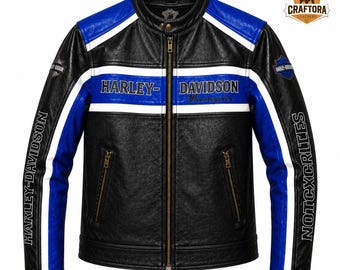 Harley Davidson Marlboro Riding Jacket, Men's Black Blue Leather Motorcycle Jacket, Vintage Biker Jacket, Racing Leather Coat, Gift for Him