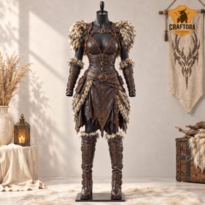 May include: A dark brown leather outfit on a mannequin, featuring a corset with buckles, shoulder pauldrons, and arm guards trimmed with faux fur. The ensemble includes a layered skirt and knee-high boots with buckle straps and fur accents.
