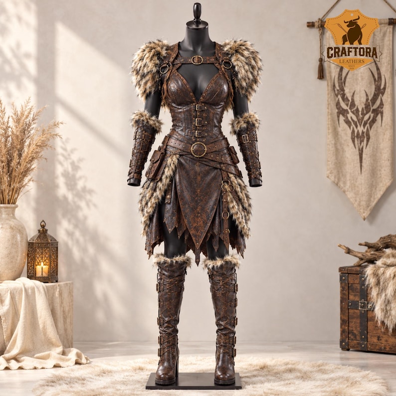 May include: A dark brown leather outfit on a mannequin, featuring a corset with buckles, shoulder pauldrons, and arm guards trimmed with faux fur. The ensemble includes a layered skirt and knee-high boots with buckle straps and fur accents.