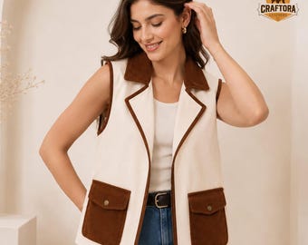 Dames beige suède leren vest, echt leren gilet, western cowgirl vest met ritssluiting, leren top dames, cadeau voor haar