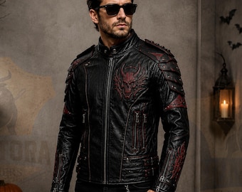 Men's Black Leather Devil Skull Biker Jacket, Red Gothic Halloween Motorcycle Jacket