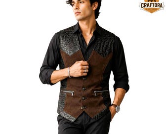 Mens Leather Vest, Biker Leather Vest, Genuine Leather Waistcoat, Brown Black Motorcycle Vest, Crocodile Embossed Western Vest