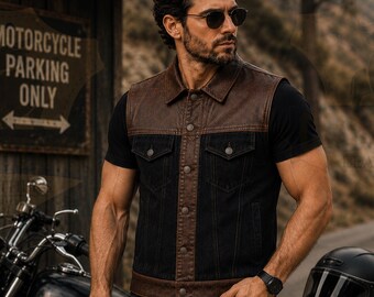 Mens Leather Denim Biker Vest, Brown Leather Black Denim Motorcycle Vest, SOA Style Riding Waistcoat, Vintage Punk Rock Vest, Mens Moto Vest