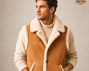 Gilet en peau de mouton retournée véritable - Veste d'hiver en cuir unisexe faite main