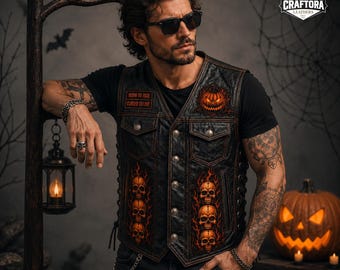 Hell Rider Halloween Leather Vest, Men's Gothic Biker Vest, Black Motorcycle Rider Waistcoat, Handmade Punk Rock Costume