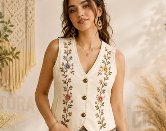 Women's Genuine Leather Vest, Floral Embroidered Leather Top, White Leather Jacket, Handmade Western Biker Vest