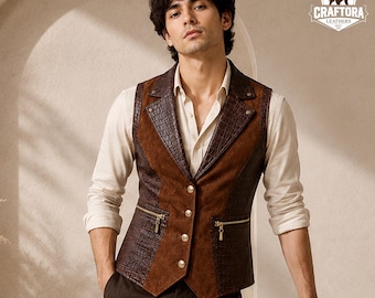 Men's Brown Leather Vest, Western Cowboy Vest, Vintage Suede Waistcoat, Gift for Men