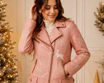 Women Leather Jacket, Genuine Leather Embroidered Jacket, Christmas Jacket, Gift for Her