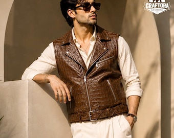 Gilet da motociclista da uomo in pelle con stampa coccodrillo, gilet marrone da moto, giacca senza maniche in stile gotico punk