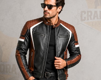 Men’s Motorcycle Leather Jacket, Genuine Cowhide Racing Biker Jacket, Cafe Racer Riding Jacket, Vintage Moto Jacket, Handmade Leather Coat