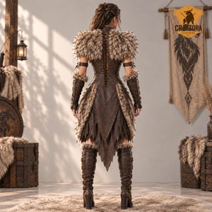 May include: A brown leather corset dress featuring a lace-up back, textured shoulder pads, and arm guards trimmed with faux fur. The skirt has pointed panels, and the outfit includes matching knee-high boots with buckles and fur accents.