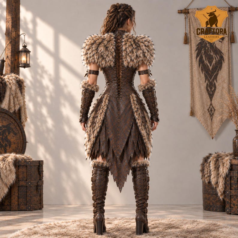 May include: A brown leather corset dress featuring a lace-up back, textured shoulder pads, and arm guards trimmed with faux fur. The skirt has pointed panels, and the outfit includes matching knee-high boots with buckles and fur accents.