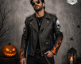 Men's Studded Leather Biker Jacket, Black Punk Rock Motorcycle Jacket, Handmade Gothic Moto Coat, Heavy Metal Studded Leather Jacket