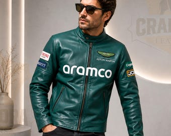 Genuine Leather Racing Jacket for Men, Motorsport Leather Jacket, Green Biker Jacket, F1 Inspired Racer Jacket, Motorcycle Coat