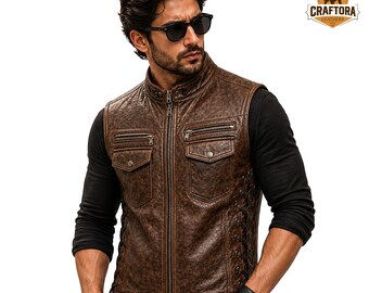 Gilet in pelle marrone da uomo / Costume cosplay / Gilet armatura in pelle LARP / Gilet da motociclista / Regalo per lui