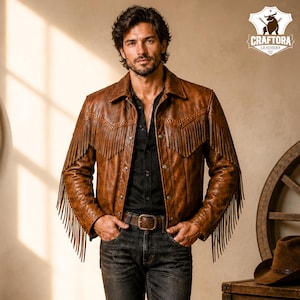 Giacca da cowboy da uomo in pelle con frange – Cappotto da motociclista in pelle fatto a mano, regalo per lui