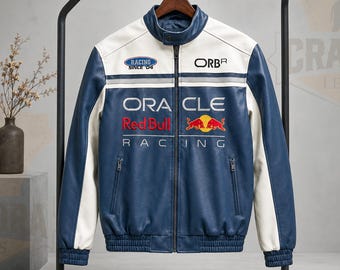 Oracle Red Bull Racing Faux Leather Jacket, F1 Motorsport Racing Jacket, Formula 1 Streetwear Bomber Coat, Unisex Racing Fan Gift