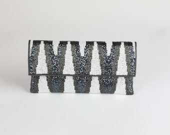 Olive and grey Ikat clutch