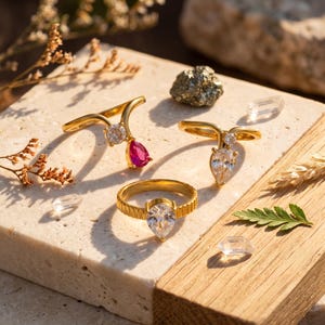 Könnte beinhalten: Drei goldfarbene Ringe mit birnenförmigen Steinen. Zwei Ringe haben eine V-förmige Schiene mit einem runden Akzentstein und einem birnenförmigen Stein in klar oder fuchsia. Der dritte Ring hat eine strukturierte Schiene und einen klaren Stein.
