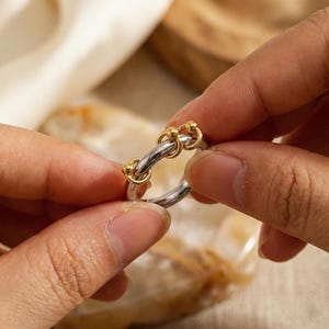 Waterproof 316L Stainless Steel Ring, Gold & Silver Two-Tone Minimal Band with Link Detail, Everyday Luxury Ring Gift