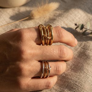 Bague empilée entrelacée, cadeau de luxe pour elle ou lui, anneau pavé de zirconiums en or 18 carats, bague à plusieurs rangs, bijou unisexe affirmé