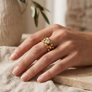Gold Cuban Chain Ring With Zircon Stone | 18K Gold Plated Chunky Statement Ring | Waterproof Tarnish Free Jewelry | Luxury Gift for Women