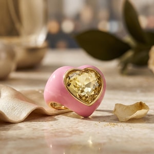 Waterproof Adjustable Heart Ring, 18K Gold PVD on 316L Stainless Steel, Hypoallergenic Enamel Statement Ring