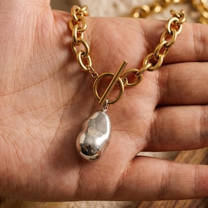 Chunky Gold Chain Necklace Bracelet Earring Set | 18K Gold Toggle Clasp | Two-Tone Pendant Jewelry