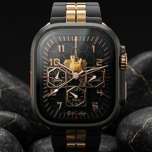 May include: A black and gold smartwatch with a hexagonal patterned face and multiple subdials. The watch has a black band with gold accents and is displayed on a bed of black stones.