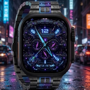 May include: A black smartwatch with a futuristic design. The watch face displays a complex, glowing pattern with blue and purple accents, and the text "SPEEDMASTER". The watch band is also black with intricate detailing. The time is set to 12 o'clock.