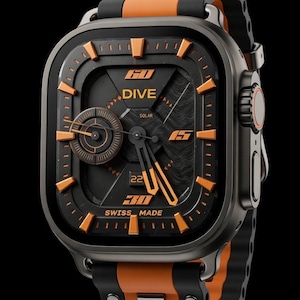 Può includere: Orologio da polso nero e arancione con la scritta "DIVE" sul quadrante. L'orologio ha un quadrante quadrato con dettagli arancioni e un cinturino nero. Sul quadrante sono presenti anche le scritte "SOLAR" e "SWISS MADE".